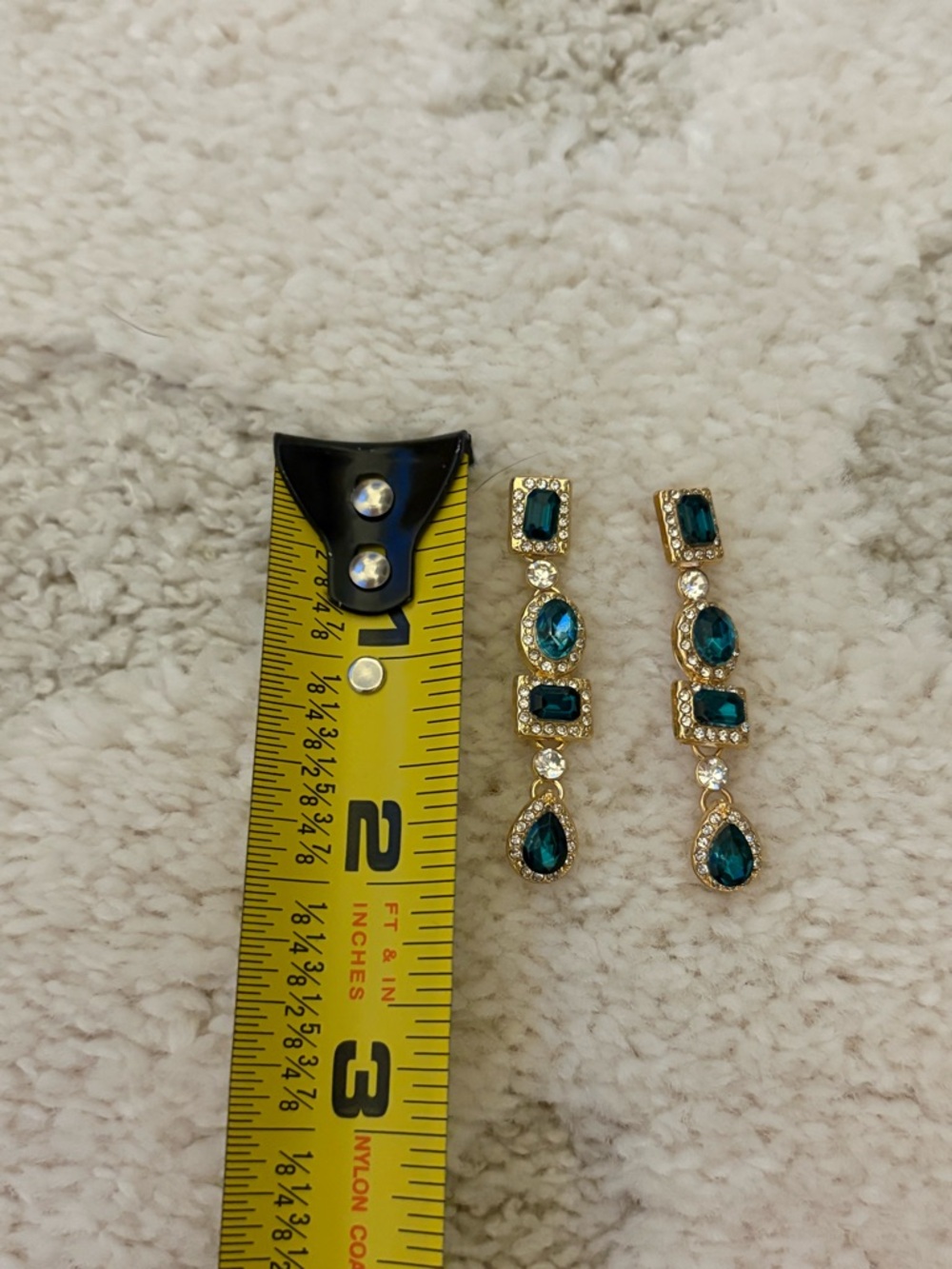 Emerald Green Statement Drop Earrings Gold Rhinestone Glam - Picture 5 of 12